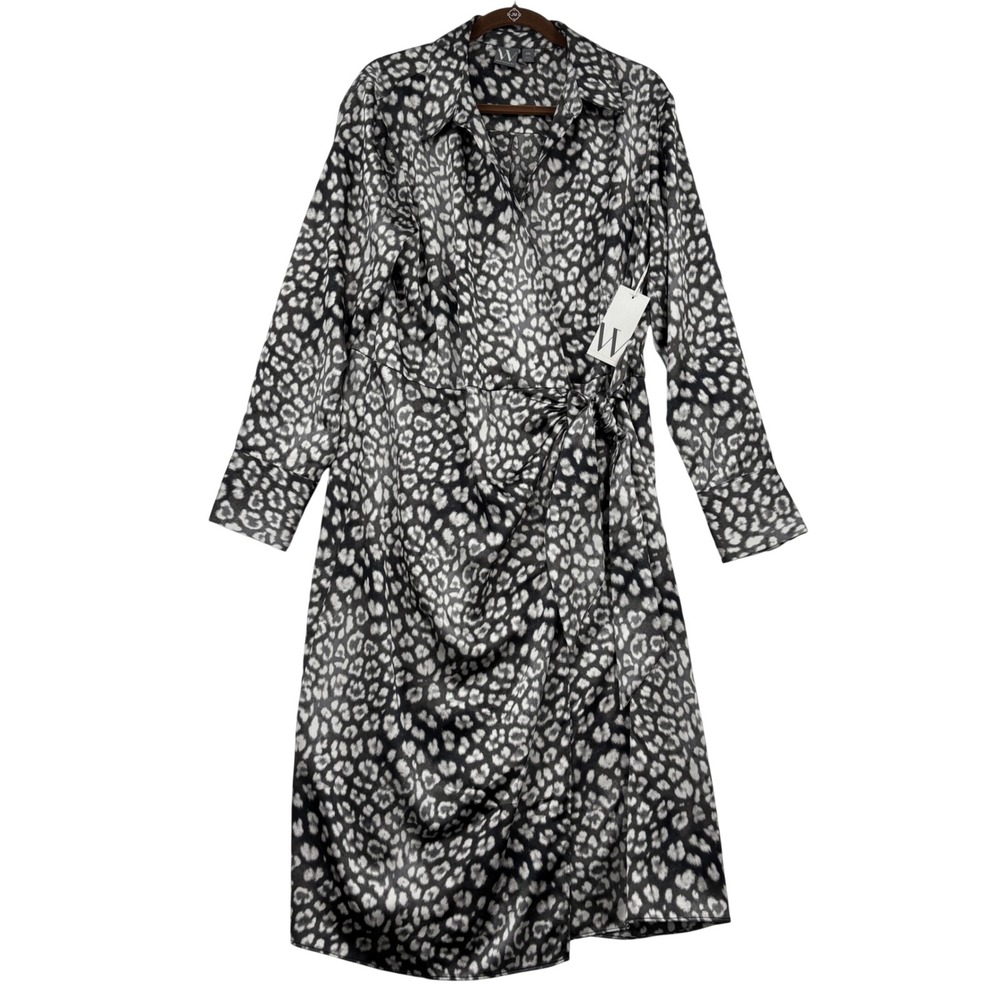 Worthington Faux Wrap Dress Women XXL Black White Leopard Print Long Sleeve Midi